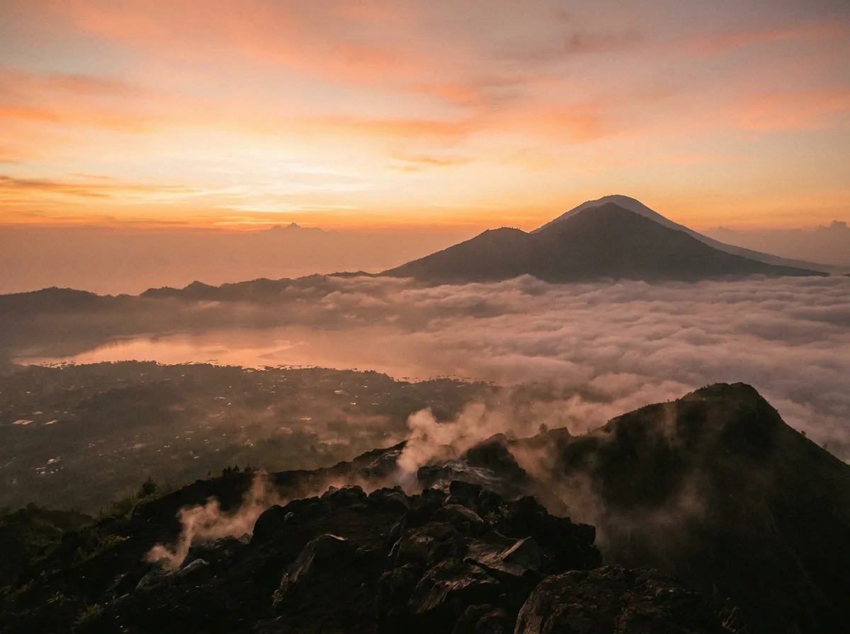 Sunrise above a sea of clouds from the summit of Mount Batur