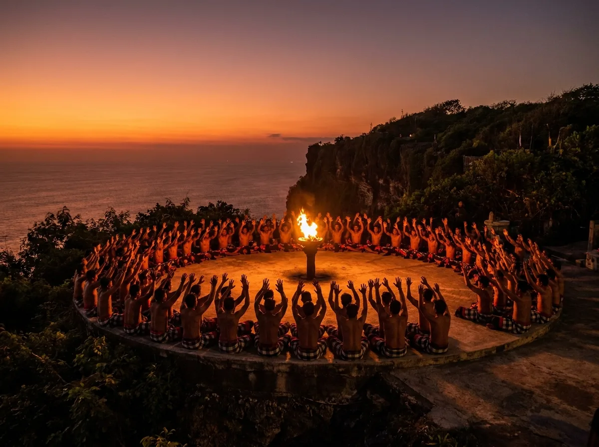 Kecak fire dance circle in silhouette at Uluwatu clifftop at sunset