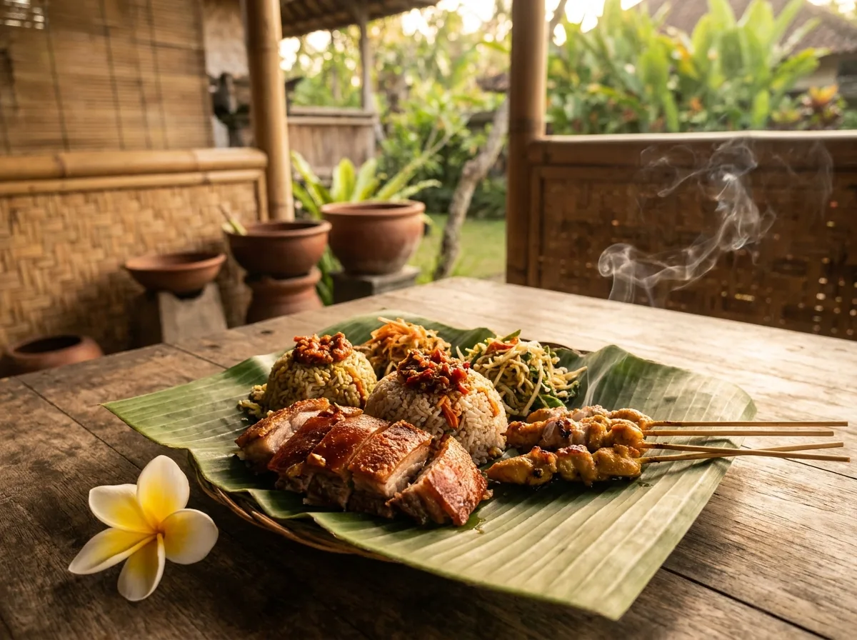 Balinese warung food spread on banana leaf: babi guling, satay, sambal