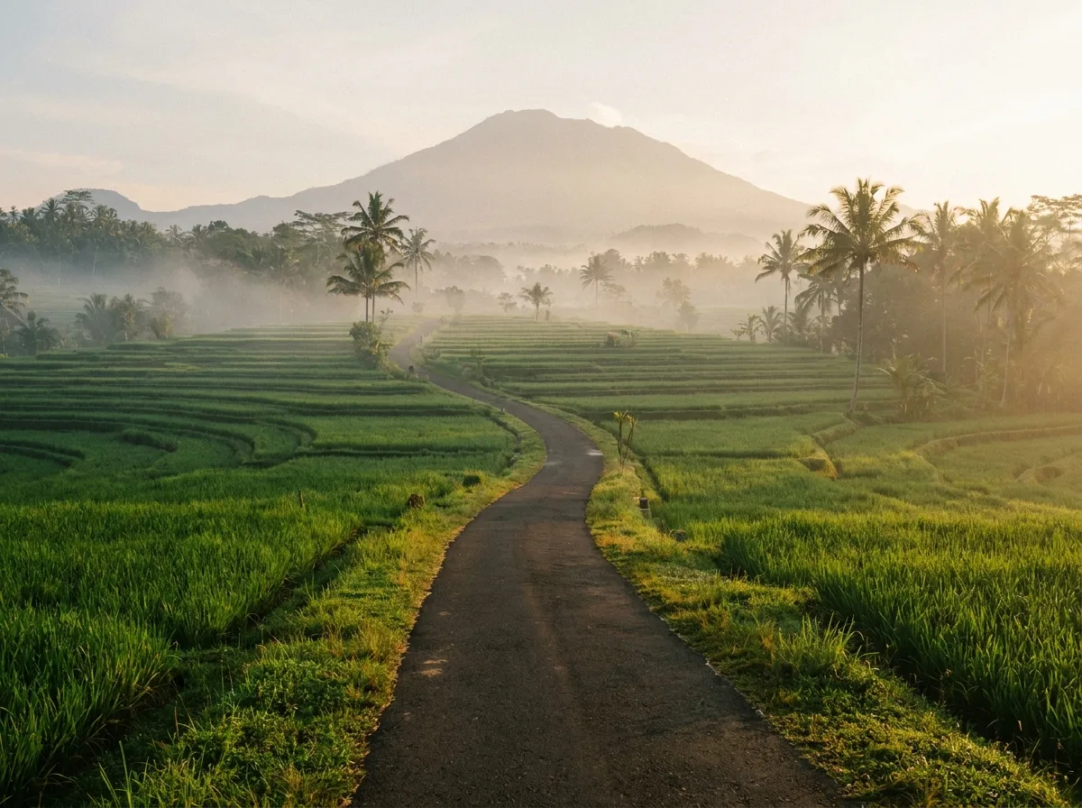 Empty winding road through misty rice terraces in Bali