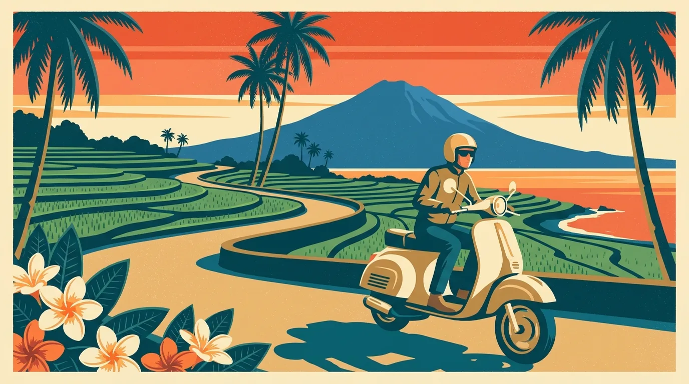 Vintage travel poster of a scooter riding past rice terraces and a volcano at sunset in Bali