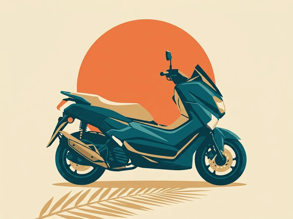Retro poster illustration of a teal Yamaha NMax scooter in front of an orange sun