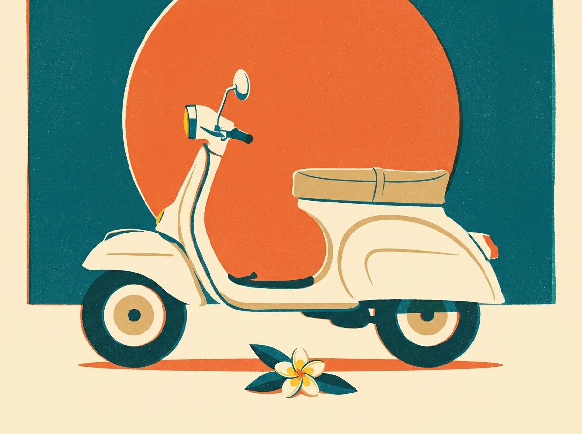 Retro poster illustration of a cream Honda Scoopy scooter in front of an orange sun